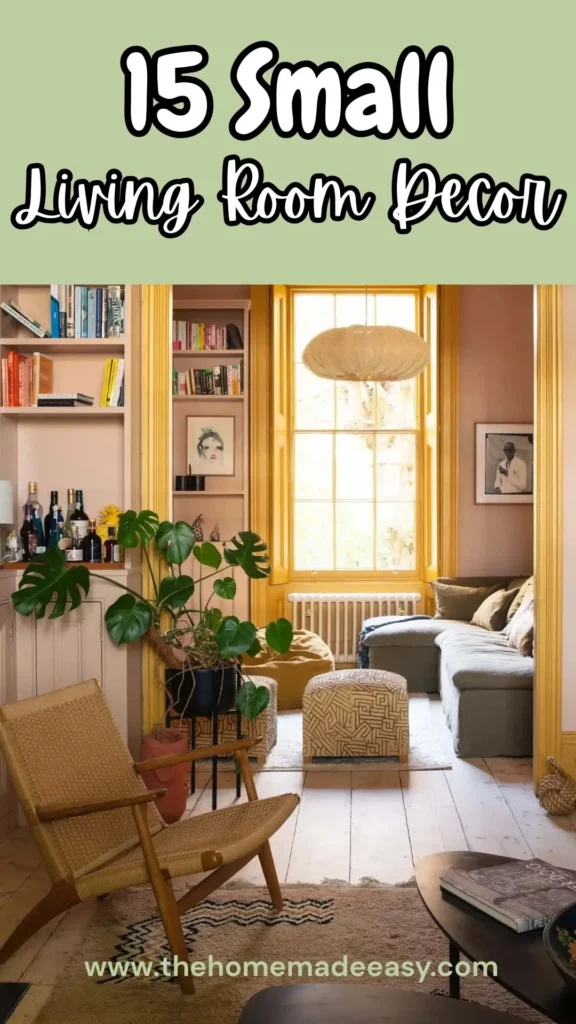 A cozy small living room decor setup featuring dusty rose walls, built-in floor-to-ceiling bookshelves, and vibrant yellow window trim. The space includes a comfortable gray sectional sofa, a mid-century modern wicker chair, and a large Monstera plant, demonstrating efficient layout ideas for compact homes.