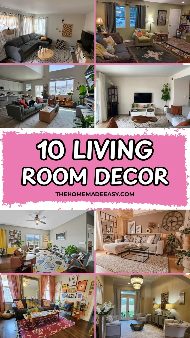 A collage of 10 different real-life living room decor styles, ranging from mid-century modern and minimalist to bohemian and high-glam, featuring diverse furniture and color palettes.