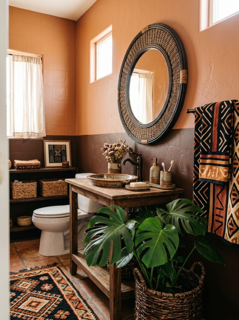  Afro boho half bathroom with terracotta walls woven frame mirror geometric towels dark ceramic accessories and tropical plant