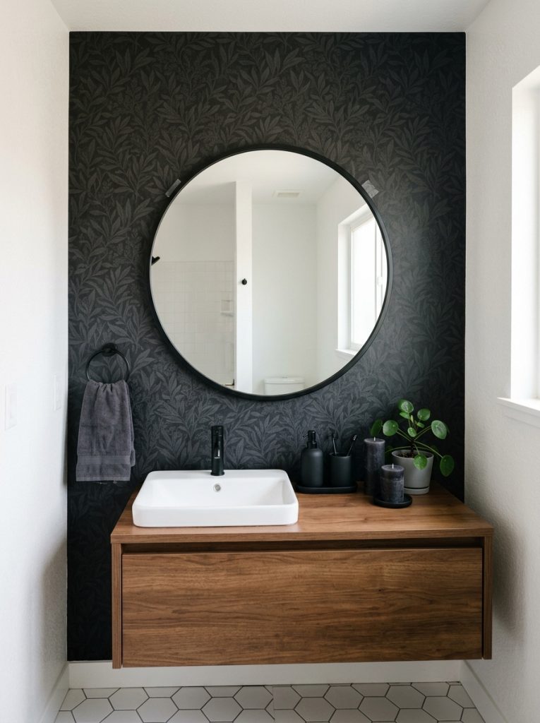 Apartment dark bathroom aesthetic with white walls dark peel and stick wallpaper black mirror dark candles and matte black accessories