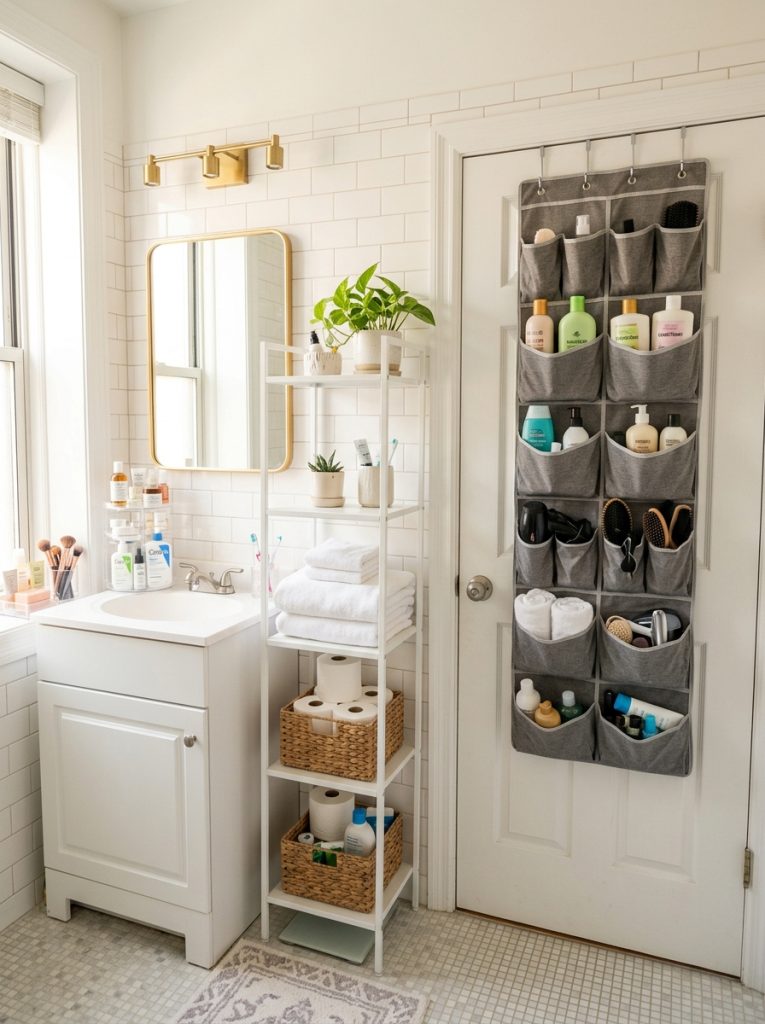Apartment bathroom organization with over door organizer freestanding slim shelf clear acrylic organizers and renter friendly solutions