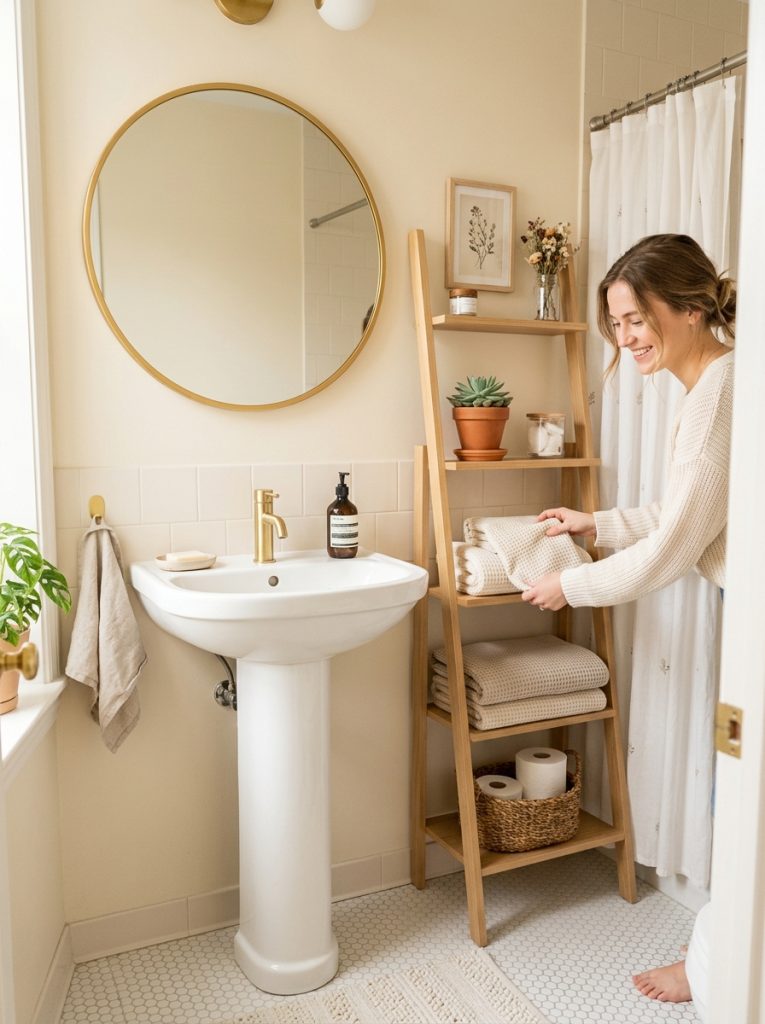 Apartment bathroom decor with gold mirror ladder shelf and plants