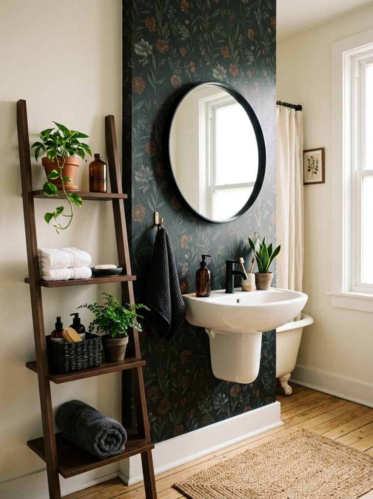 Apartment moody bathroom with dark wallpaper black mirror ladder shelf and plants