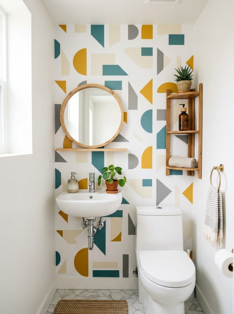 Small apartment half bathroom with white walls round mirror geometric wallpaper narrow shelf and plant
