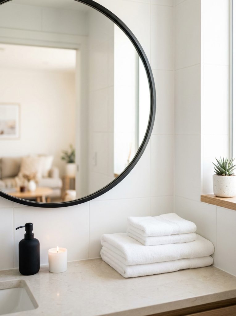 Apartment hotel bathroom with white walls round black mirror luxury white towels folded on counter black soap dispenser and white candle