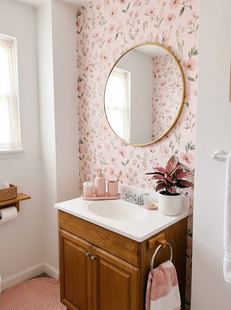 Apartment pink bathroom aesthetic with white walls gold mirror pink accessories peel and stick floral wallpaper and pink plant