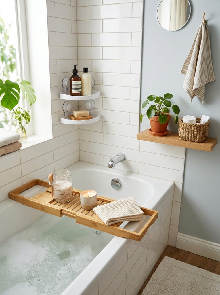 Space saving bath organization with bamboo bathtub tray caddy bath salts candle suction corner shelf shampoo and narrow wall shelf with plant