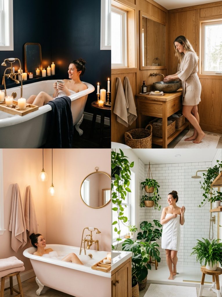 Collage of four cozy bathroom aesthetic ideas in dark wood pink and green styles.