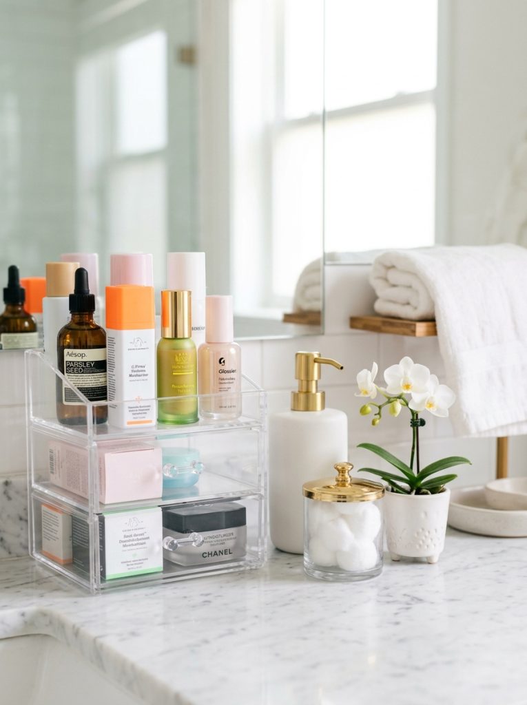 Aesthetic bathroom counter with clear skincare organizer white ceramic dispenser glass jar cotton balls and tiny white orchid