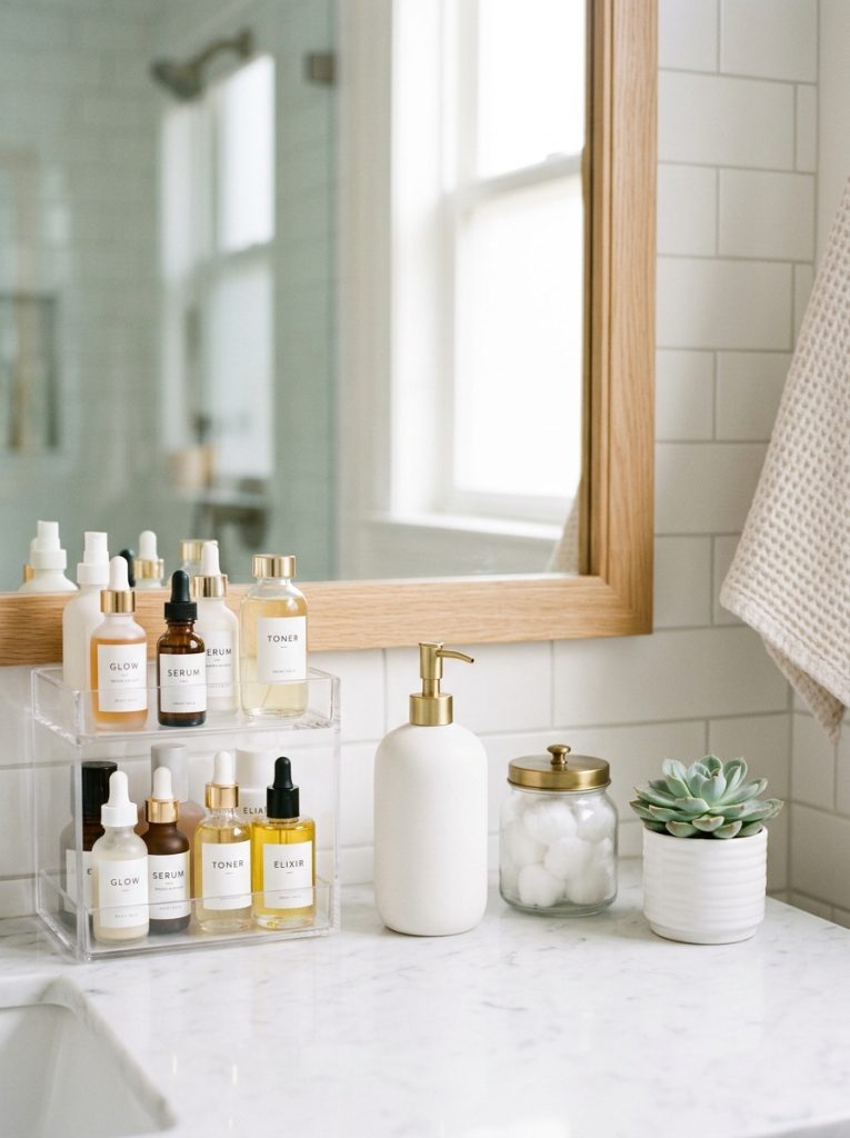 Small bathroom counter organization with clear skincare organizer white ceramic dispenser glass jar cotton balls and tiny white plant