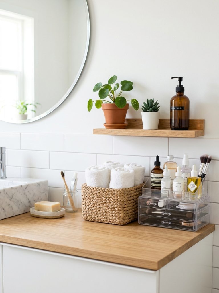 Beautifully organized bathroom with clear acrylic organizers woven basket towels narrow shelf plants and soap dispenser