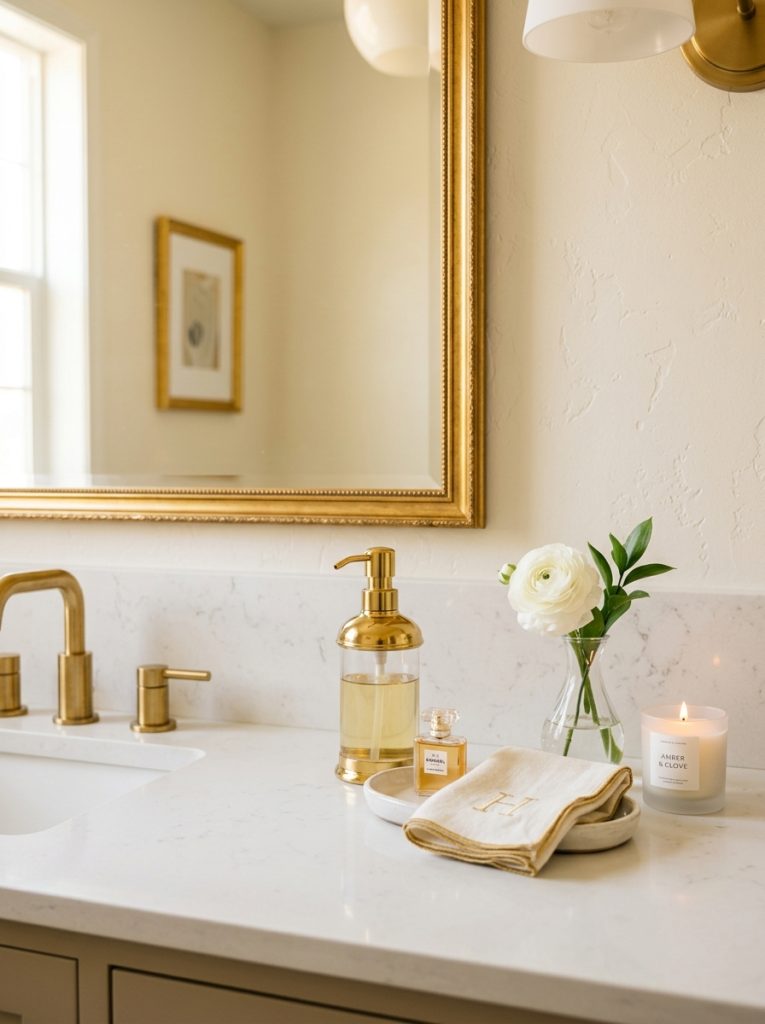 Vanity guest half bathroom counter with gold soap dispenser ceramic tray perfume bud vase candle and folded towel