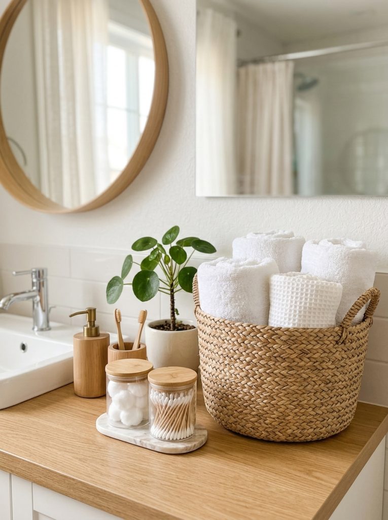 Bathroom organization decor with woven basket glass jars and towels