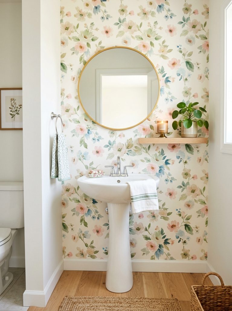 Small half bathroom with floral wallpaper gold mirror pedestal sink and narrow wall shelf