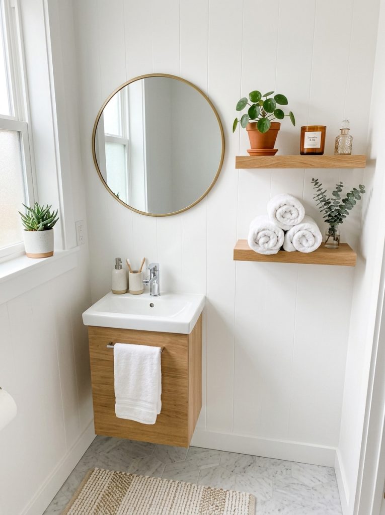 Small bathroom decor with floating shelves mirror and white towels