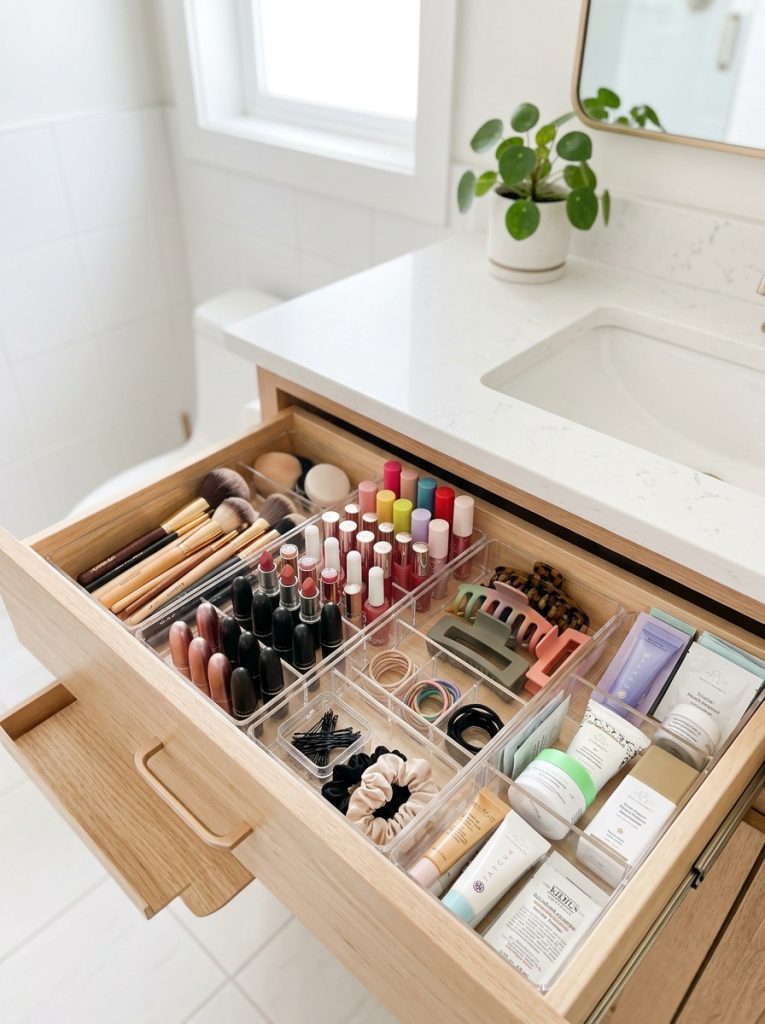 Aesthetic bathroom drawer with clear divider compartments makeup brushes lip products hair accessories and skincare samples all perfectly sorted