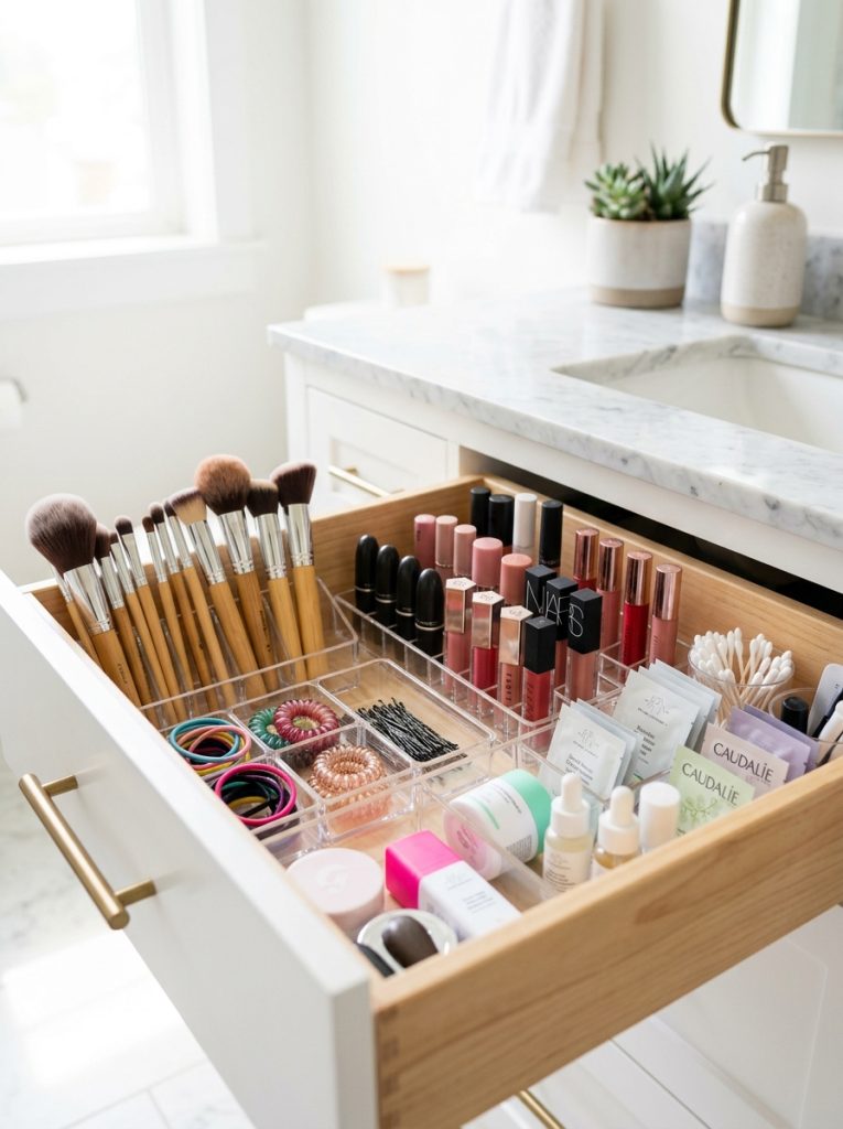 Organized bathroom drawer with clear divider organizers separating makeup brushes hair ties bobby pins lipsticks and skincare