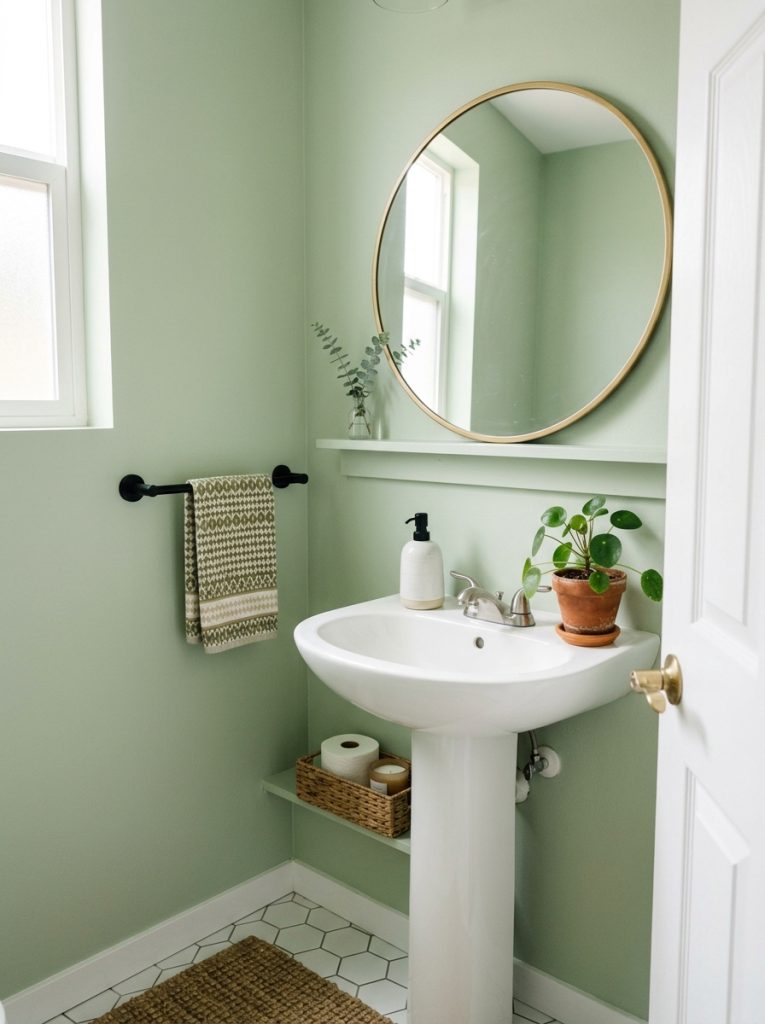 Budget guest half bathroom with sage green walls round mirror white soap dispenser terracotta plant and patterned towel