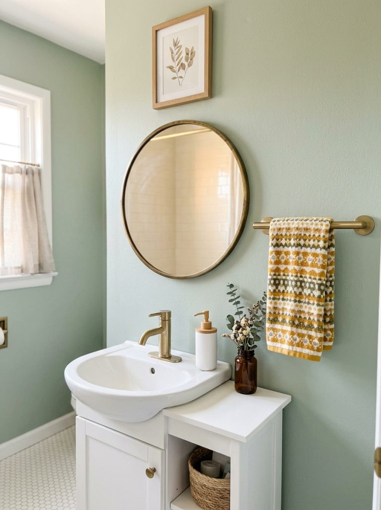 Small budget half bathroom with sage green walls round mirror white soap dispenser framed art and patterned towel