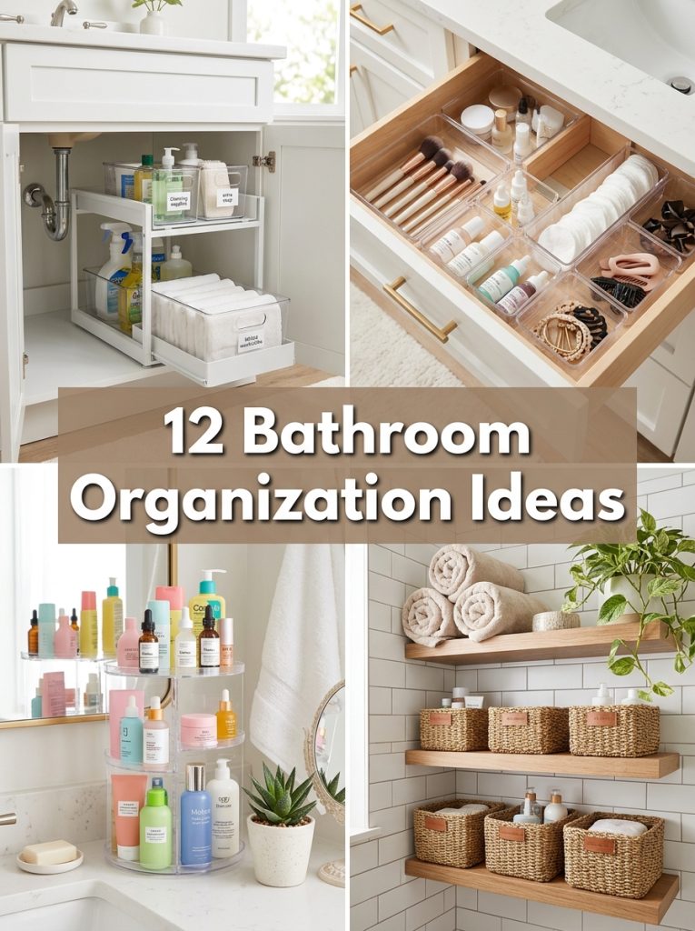 Collage of four bathroom organization ideas with text overlay showing twelve bathroom organization ideas