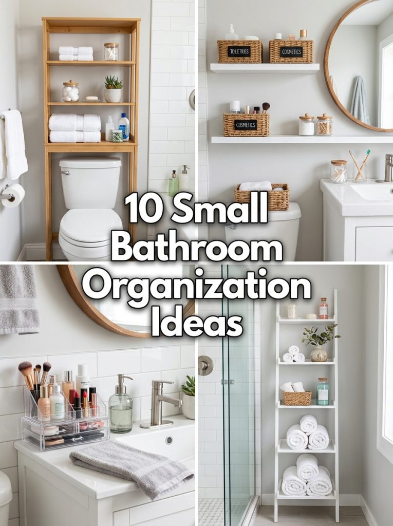 Collage of four small bathroom organization ideas with text overlay showing ten small bathroom organization ideas