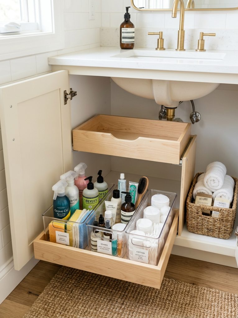  Aesthetic under sink organization with pull out cabinet organizer labeled clear bins cleaning supplies spare toiletries cotton products and woven basket for soaps