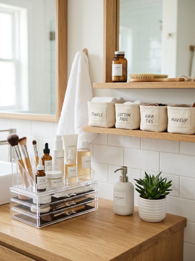 Aesthetic bathroom organization with clear acrylic skincare display white ceramic dispenser tiny plant and narrow shelf with labeled baskets