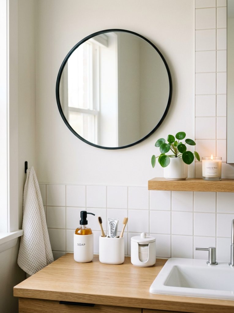 Modern aesthetic bathroom organization with white ceramic set soap dispenser toothbrush holder cotton jar narrow shelf plant candle and round black mirror