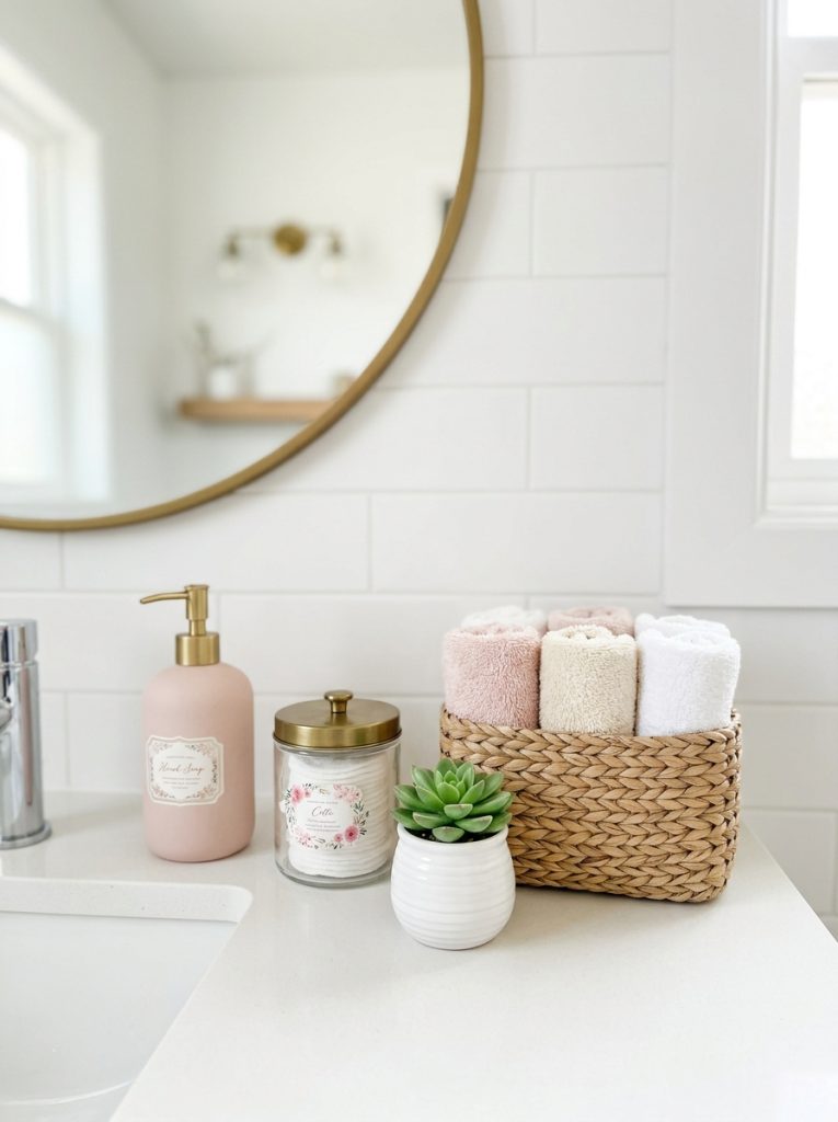 Cute aesthetic bathroom organization with pink ceramic dispenser labeled glass jar cotton rounds tiny succulent white pot and woven basket with rolled towels
