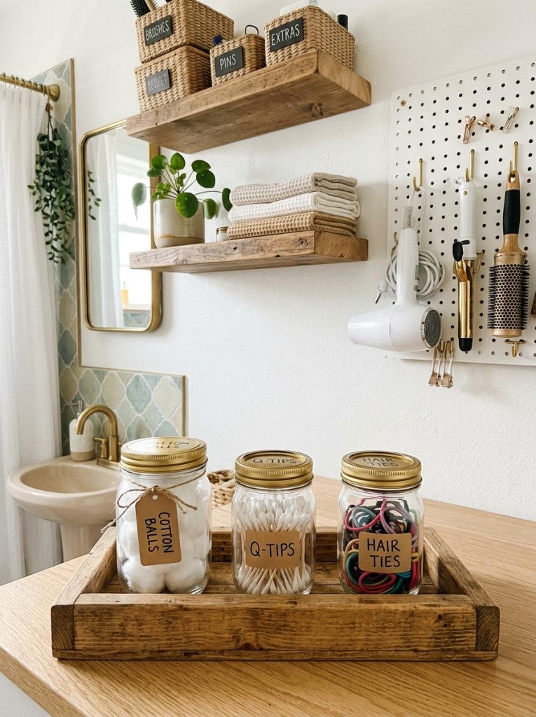  DIY aesthetic bathroom organization with repurposed glass jars gold lids cotton balls qtips hair ties wooden tray handmade shelves labeled baskets and painted pegboard