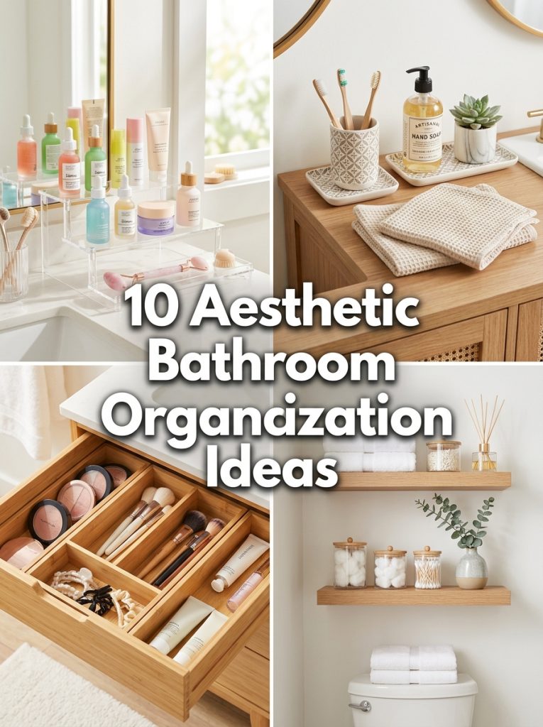 Collage of four aesthetic bathroom organization ideas with text overlay showing ten aesthetic bathroom organization ideas