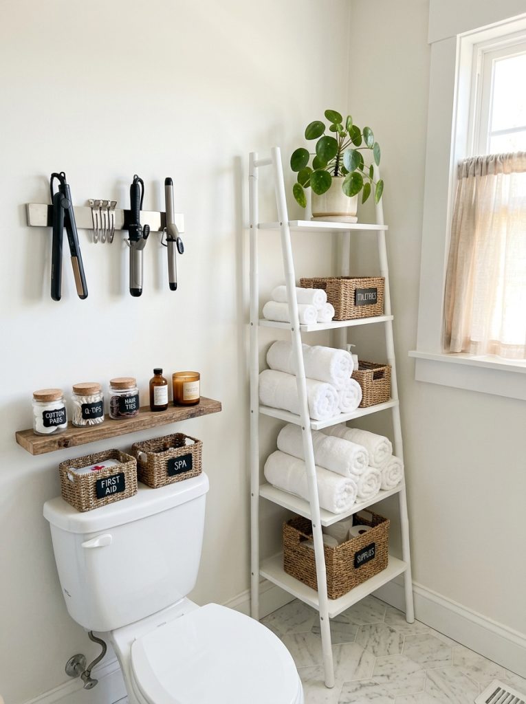 Small space bathroom organization with slim ladder shelf rolled towels baskets plant magnetic strip hair tools and narrow shelf above toilet