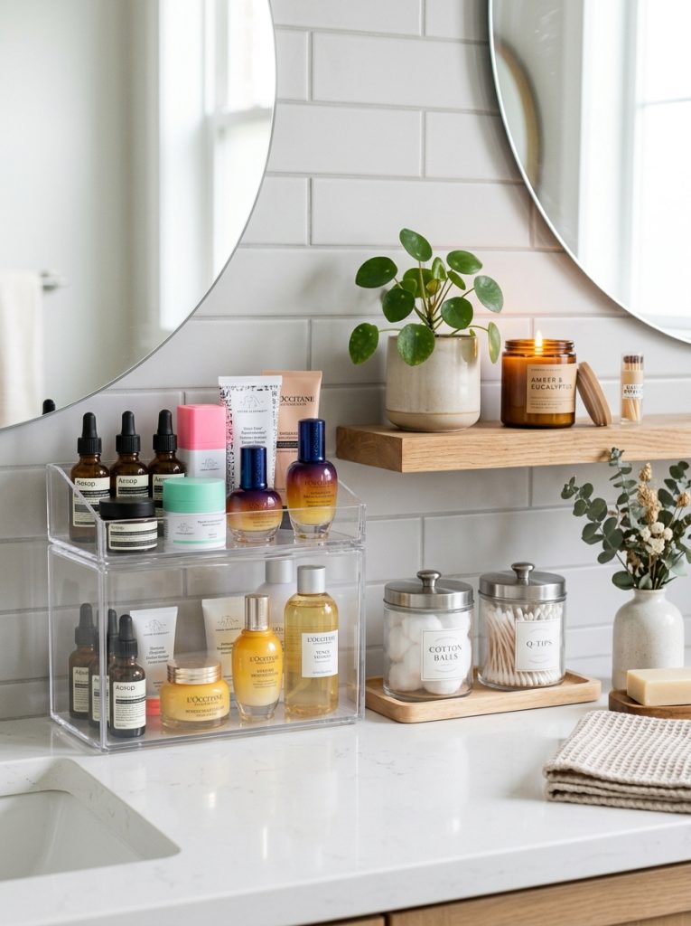 Aesthetic bathroom organization with clear acrylic skincare display glass jar set narrow shelf plant and scented candle
