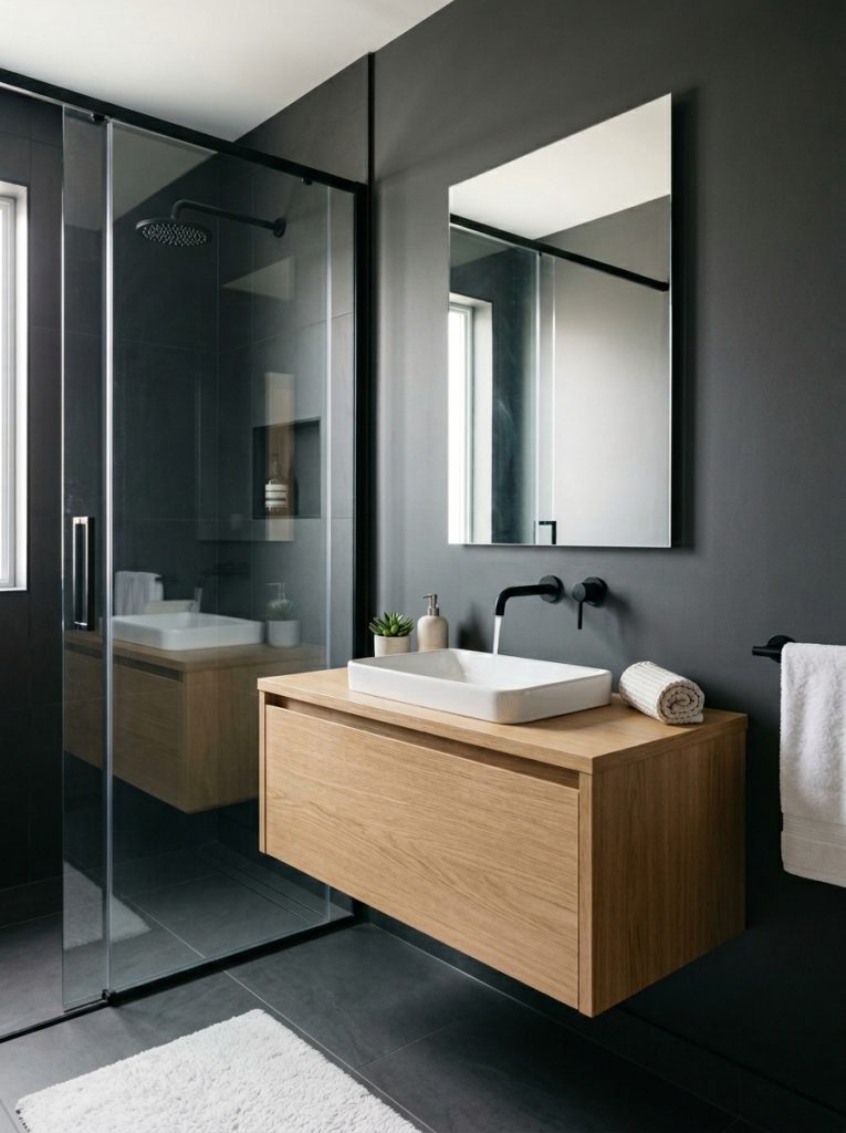 Modern bathroom remodel with dark walls matte black faucet frameless shower and large tiles