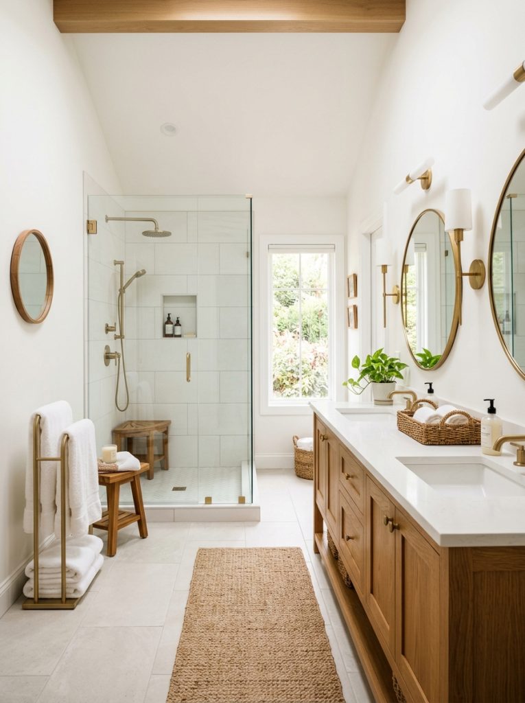 Large bathroom remodel with double vanity walk-in shower wood tones and large floor tiles