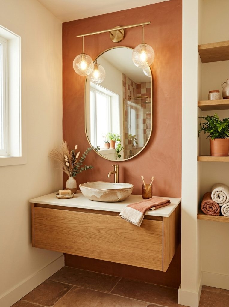 2026 bathroom remodel trends with terracotta tones oval mirror and warm vanity light