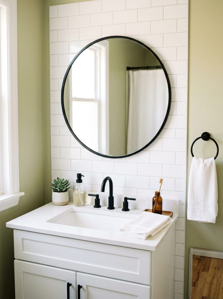 Budget bathroom remodel with peel and stick tiles new mirror and updated accessories