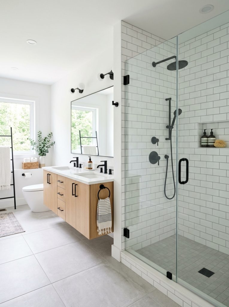Full bathroom remodel with subway tile shower floating vanity large mirror and black fixtures