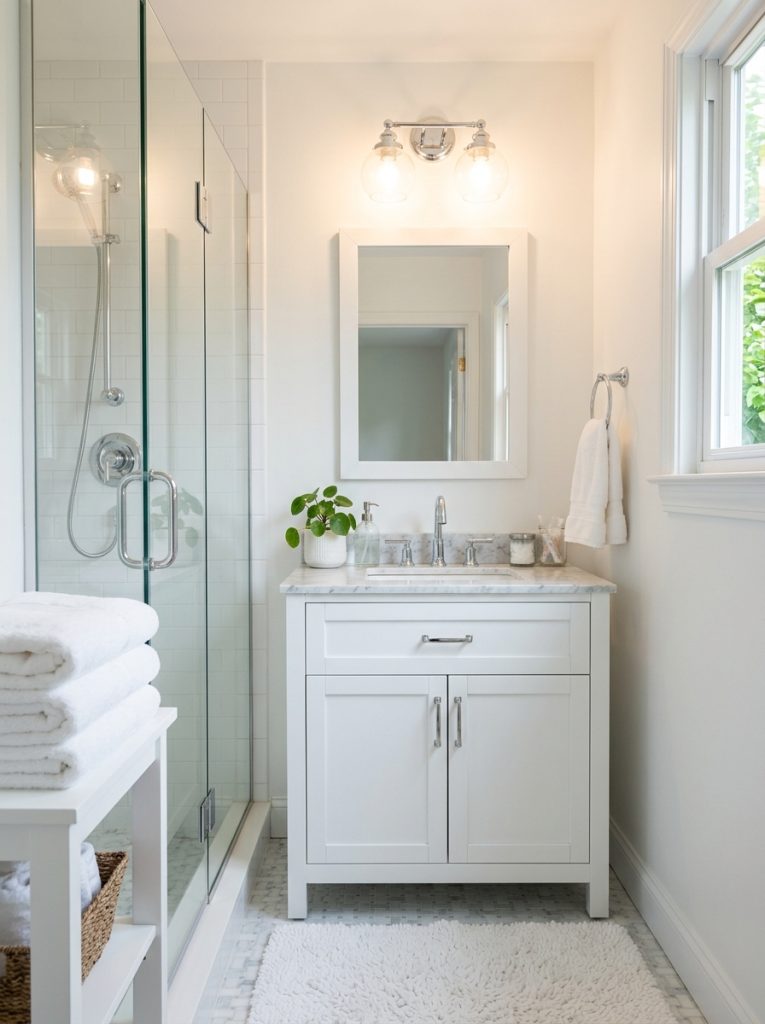 Simple bathroom remodel with white walls new mirror updated fixtures and fresh towels