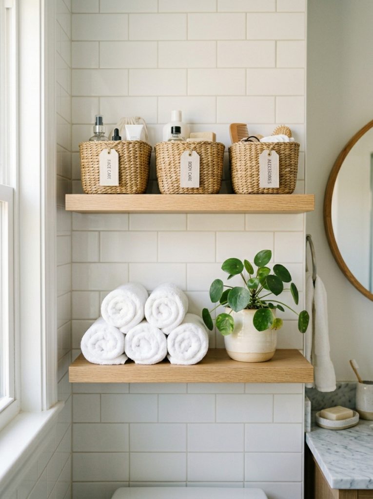 Small bathroom shelf organization with narrow wall shelf labeled woven baskets toiletries second shelf rolled spare towels and small plant