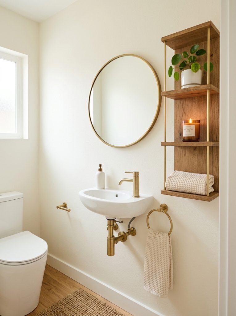 Small half bathroom with narrow wall shelf round mirror plant and cream walls