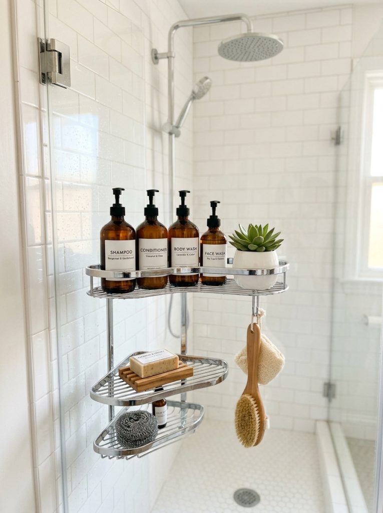 Aesthetic bathroom shower organization with chrome corner caddy shampoo conditioner body wash labels forward succulent white pot and wooden soap dish