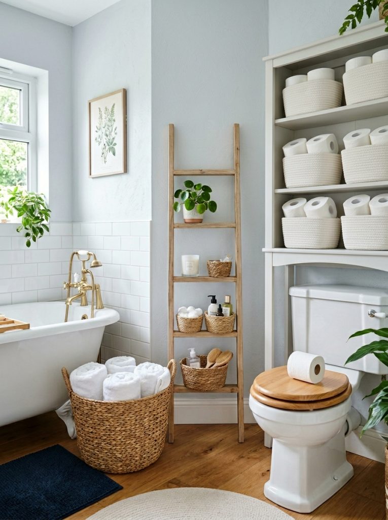 Aesthetic bathroom storage with large woven basket rolled towels slim ladder shelf baskets plants candles and over toilet shelf with white baskets