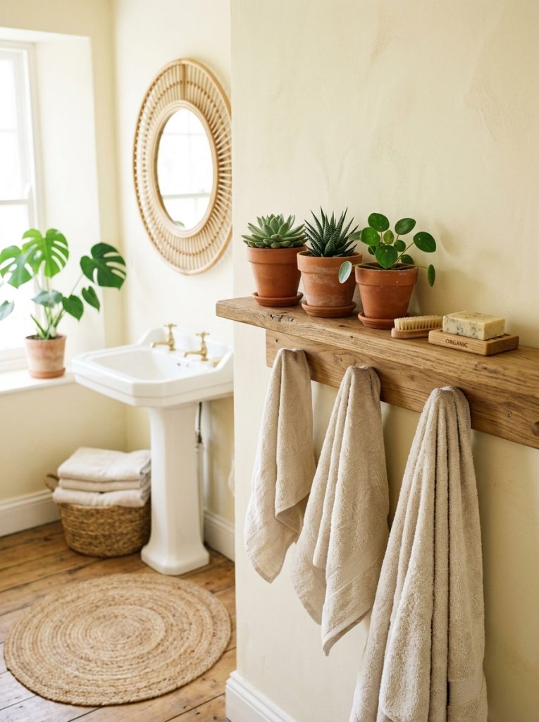 Organic bathroom decor with natural materials jute mat and succulents