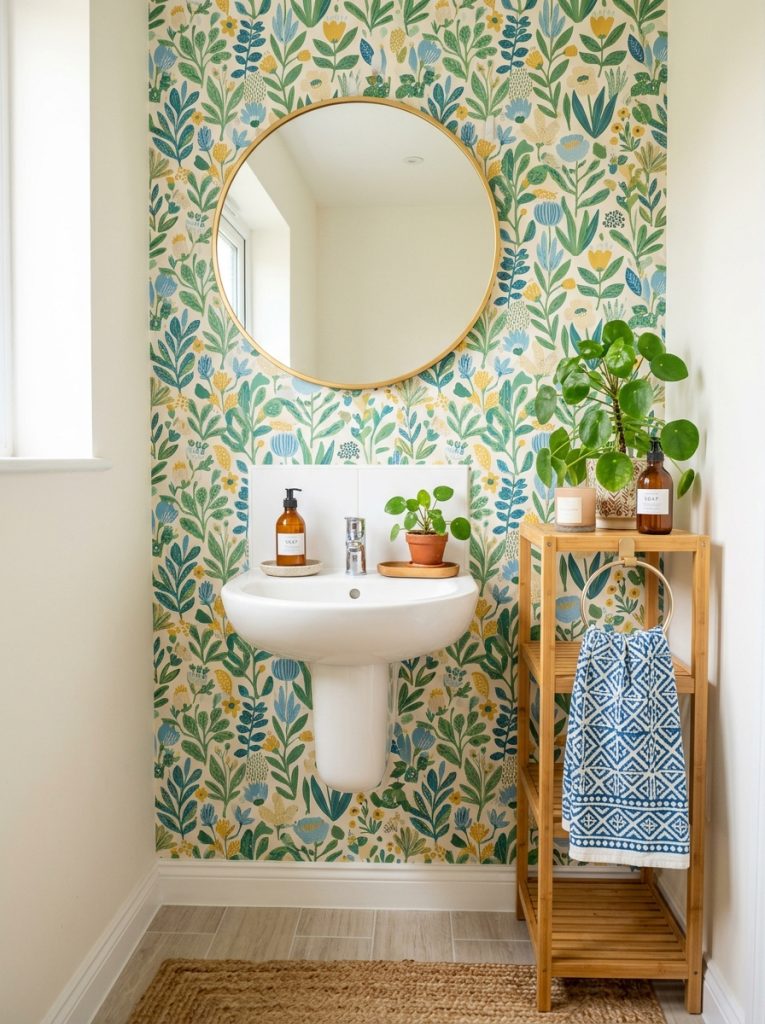 Small rental half bathroom with removable wallpaper adhesive mirror freestanding shelf plant and patterned towel