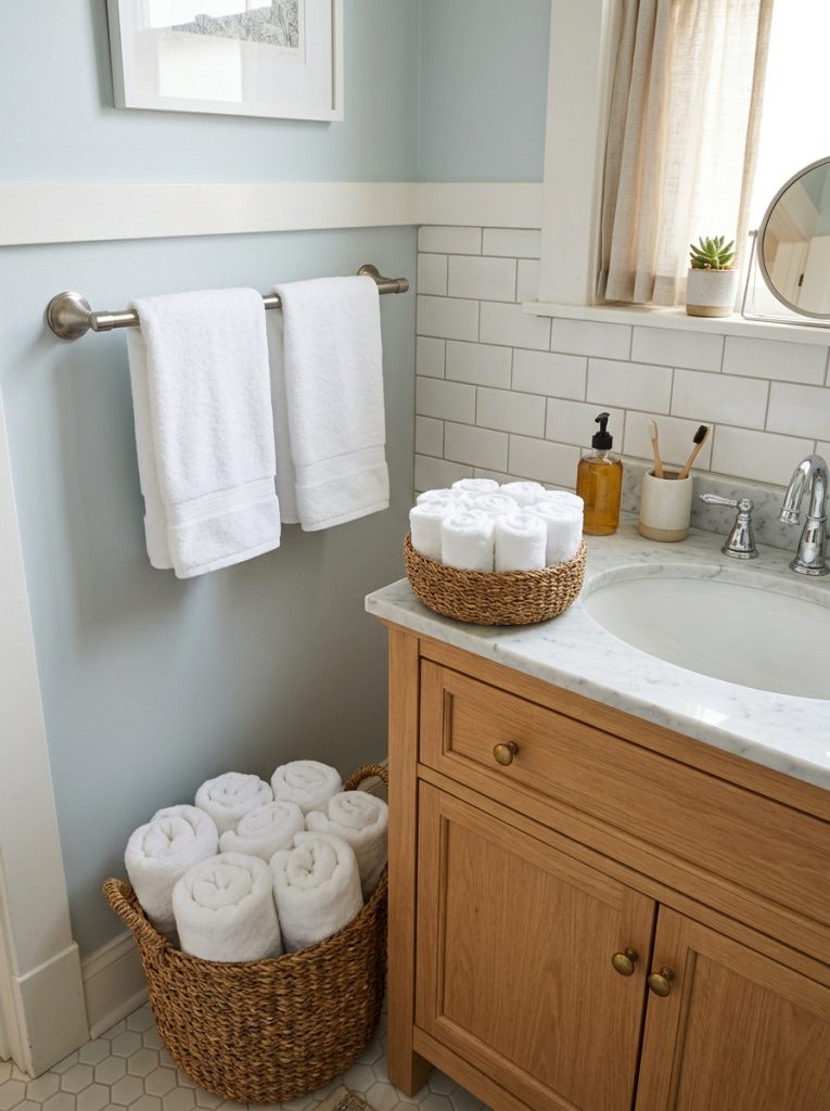  Small bathroom towel organization with rolled white towels in woven basket hand towels on towel bar and rolled washcloths in small counter basket