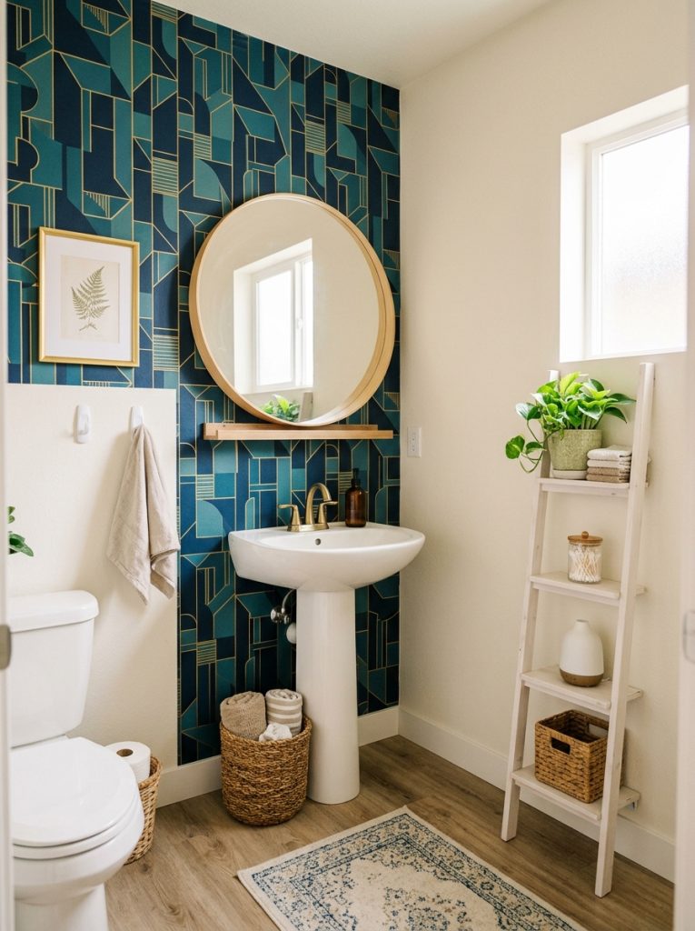 Renter friendly half bathroom with peel and stick wallpaper round mirror and ladder shelf