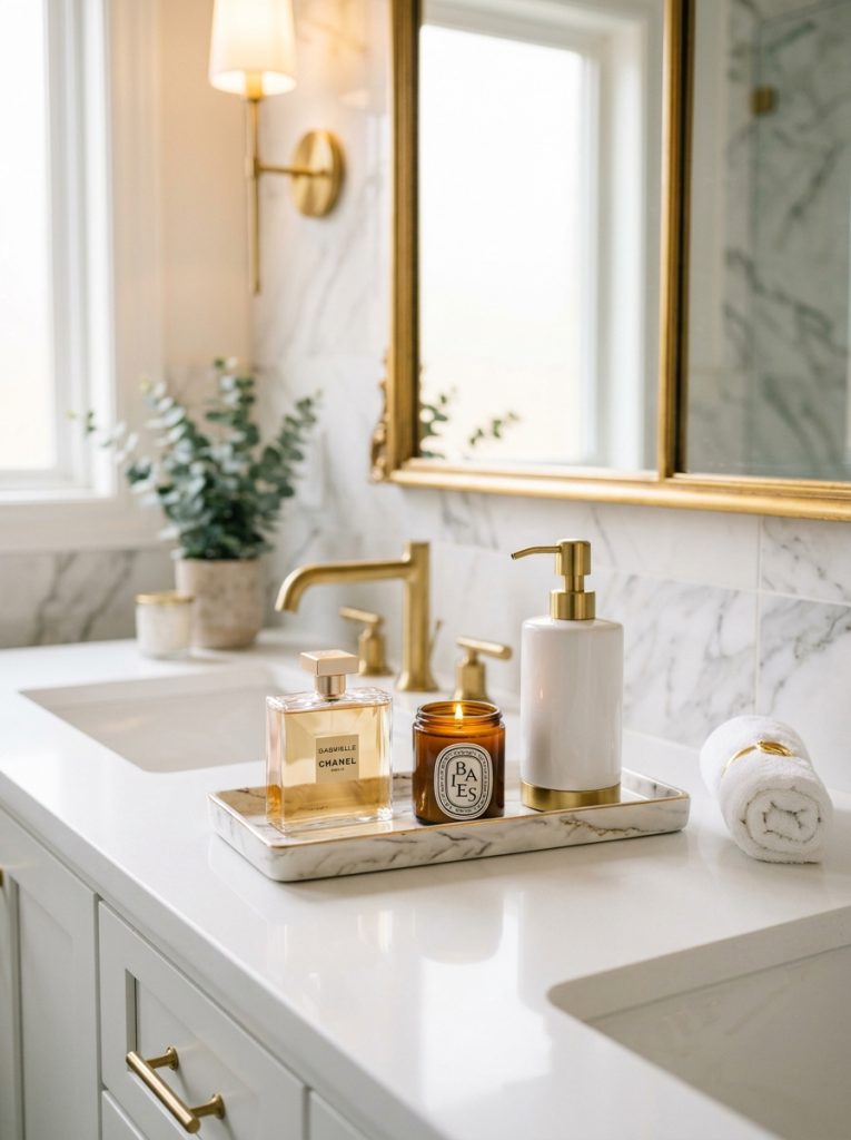  Luxurious bathroom vanity tray decor with marble gold accents