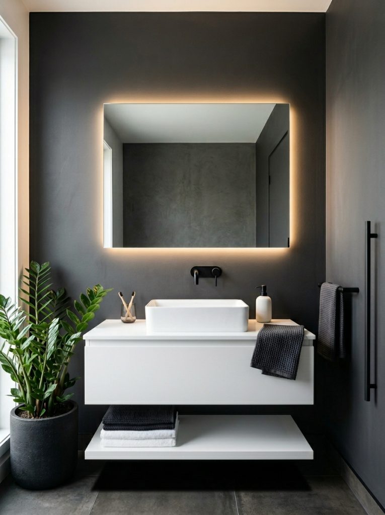 Modern dark bathroom aesthetic with dark grey walls backlit mirror floating vanity black faucet white ceramic dispenser and architectural plant