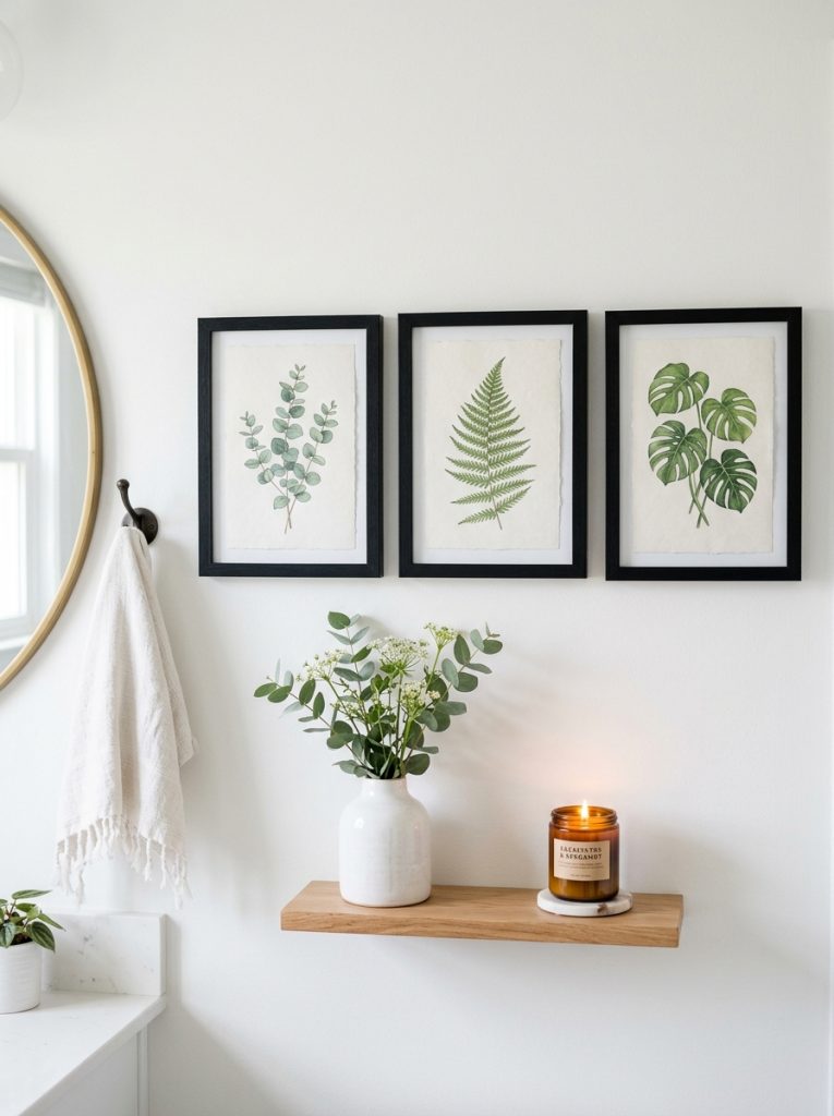  Aesthetic bathroom wall decor with framed botanical prints and shelf